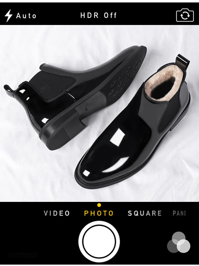 Height Increase Men's Shiny Leather Boots Pointed Formal Elevator Shoes Office Business Snow Boots Chelsea Winter Cotton Boots