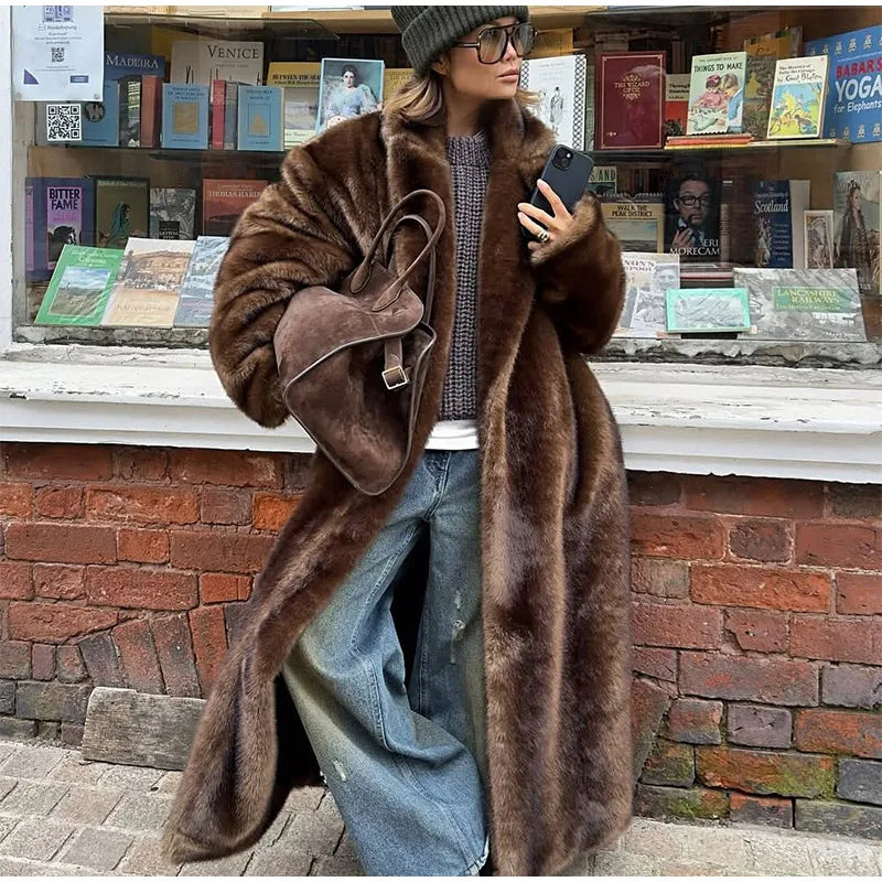 Woman Mixed Color Long Faux Fur Coat Fashion Lapel Collar Full Sleeve Loose Overcoat 2025 Winter Lady Warm High Street Outwear