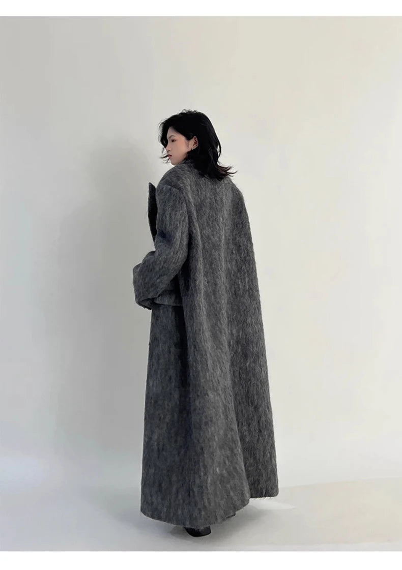 Lautaro Autumn Winter Clothes Women Oversized Extra Long Casual Warm Grey Wool & Blends Coat Women Maxi Fluffy Woolen Overcoat