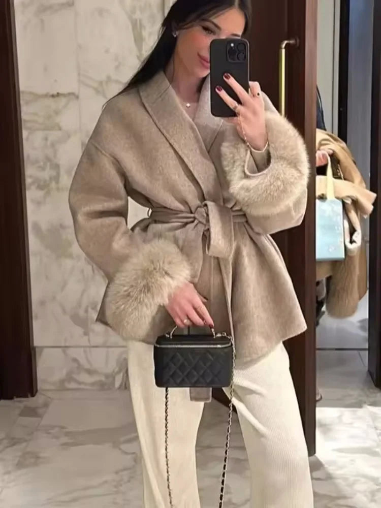 Elegant Lace Up Woolen Coat Women Solid Loose Lapel Furry Belt Long Sleeve Short Jacket 2025 Autumn Winter Lady Cardigan Outwear