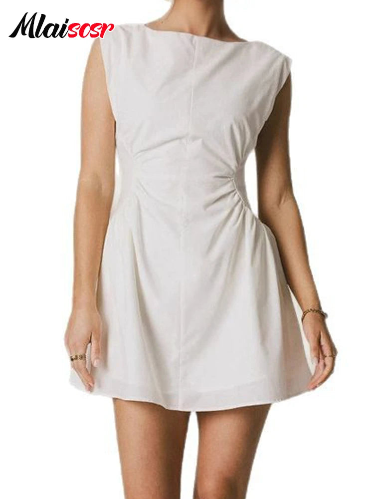 Mlaiscsr Elegant White A-line Mini Dress Women Autumn O Neck Sleeveless Nightclub Sexy Birthday Party Europe and America Vestido