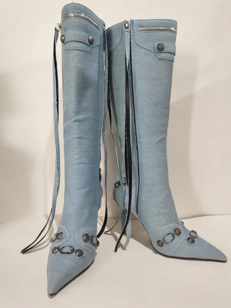 New 2024 Brand Design Knee High Boots Fashion Rivet Pointed Thin Heel Women's Boots 34-43 Fashion Hot Girls Denim Model Boots