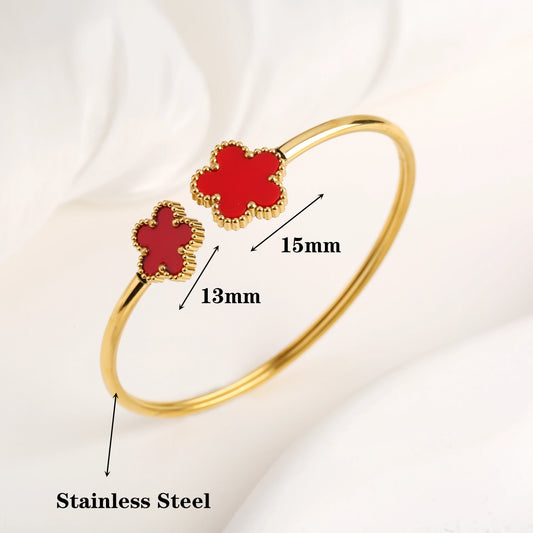 Gold-Plated Stainless Steel Five-Leaf Flower Open Bangle Luxury For Woman Girl Party Lucky Jewelry Accessories Daily Wear Clover