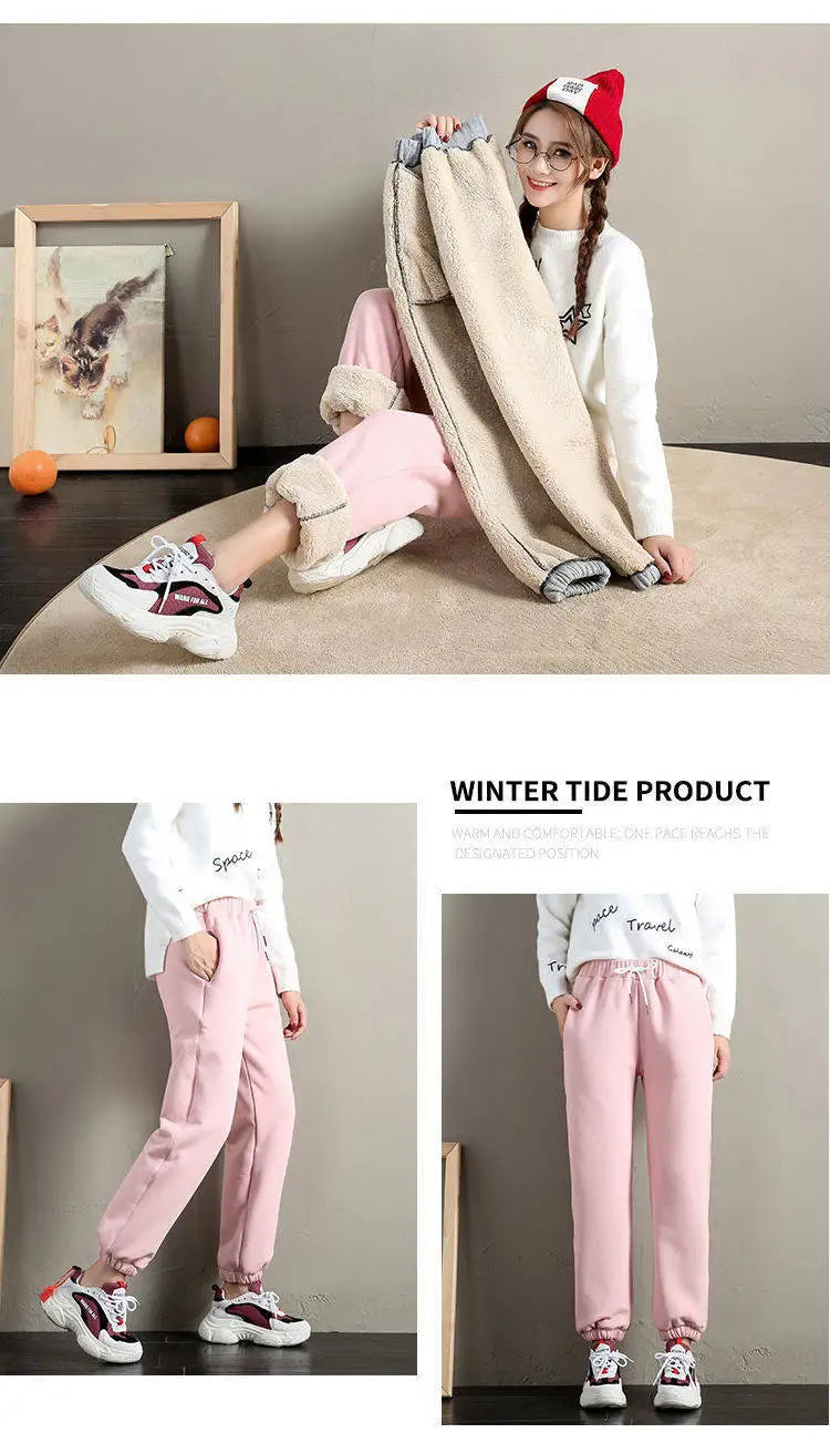 Women's Fleece Lined Joggers Winter Plush Pants High Waist Adjustable Drawstring Lounge Street Comfortable Casual Trousers