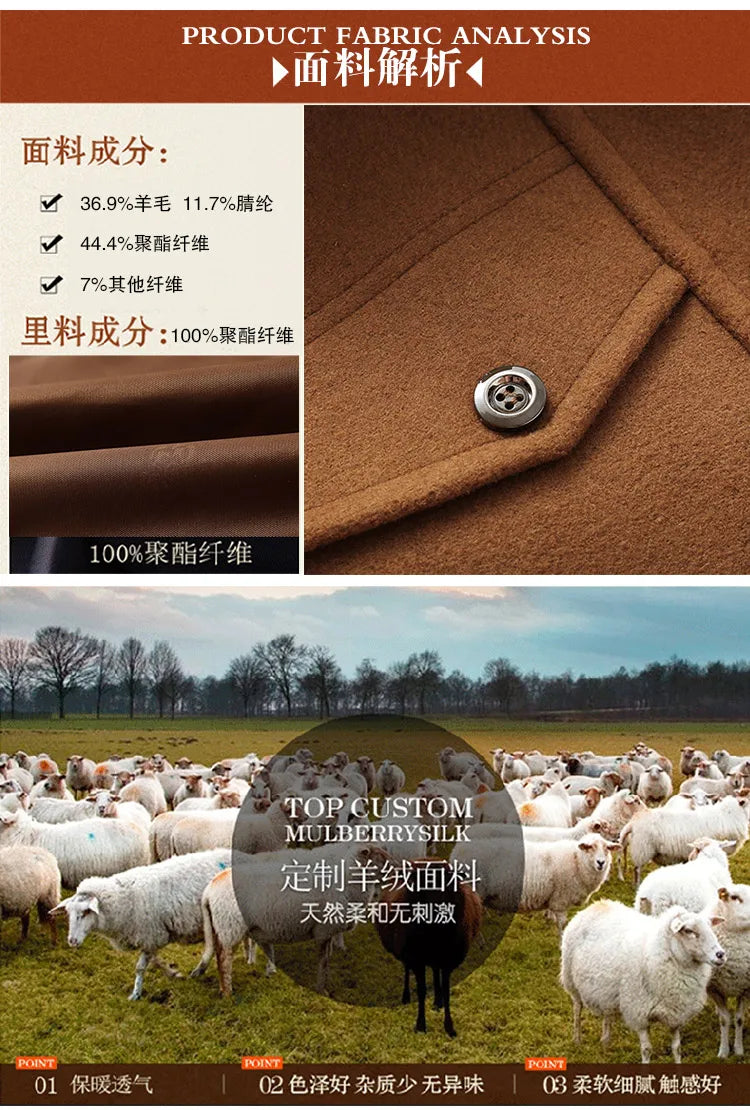 Men's Autumn Winter Fashion High-End Atmosphere Long Thickened Wool Overcoat Middle-Aged Men's Stylish Woolen Coat