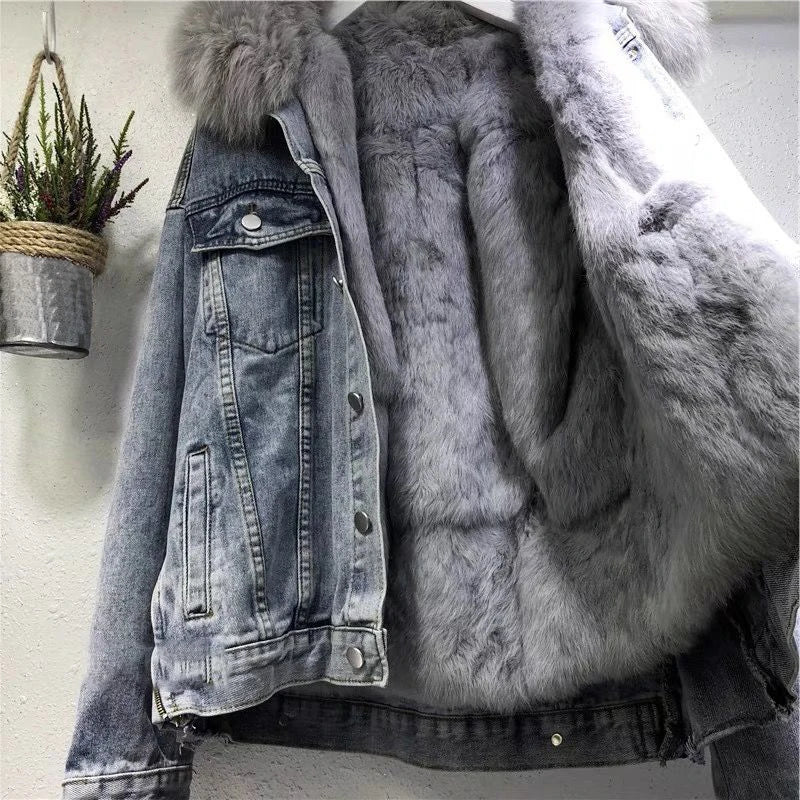 Winter Denim Jacket Hooded Coat Women Removable Fur Collar Fleece Lined Jeans Jacket Warm