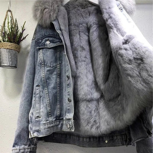 Winter Denim Jacket Hooded Coat Women Removable Fur Collar Fleece Lined Jeans Jacket Warm