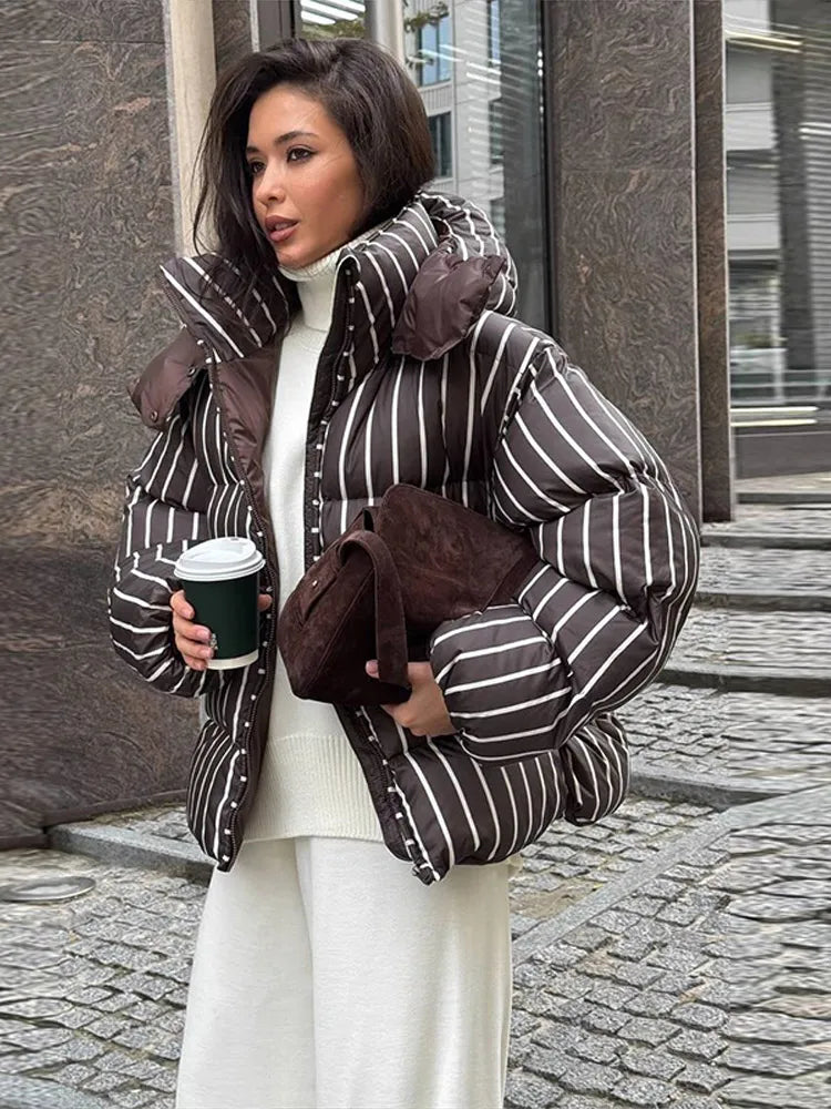 Casual Striped Short Cotton Overcoat Women Long Puff Sleeve Zipper Stand Collar Coat 2025 Autumn Winter Thick Warm Lady Outwear