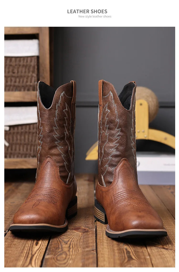Vintage Embroidery Men's Cowboy Boots High Top Motorcycle Boots Men Shoes Fashion Square Toe Warm Boots