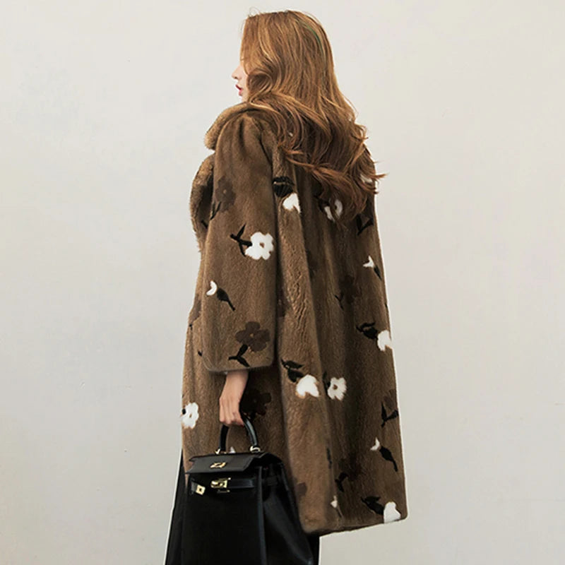 Ftangaiur New Winter Import Velvet Mink Fur Coat Long Sleeve Women Turn-Down Collar Pure Color Medium Natural Mink Fur Coats
