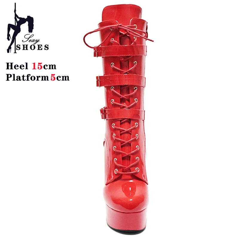 15CM/6Inch Matte Black High Heels Belt Buckle Platform Runway Ankle Boots Lace-up Nightclub Knight Pole Dancing WESTERN Boots