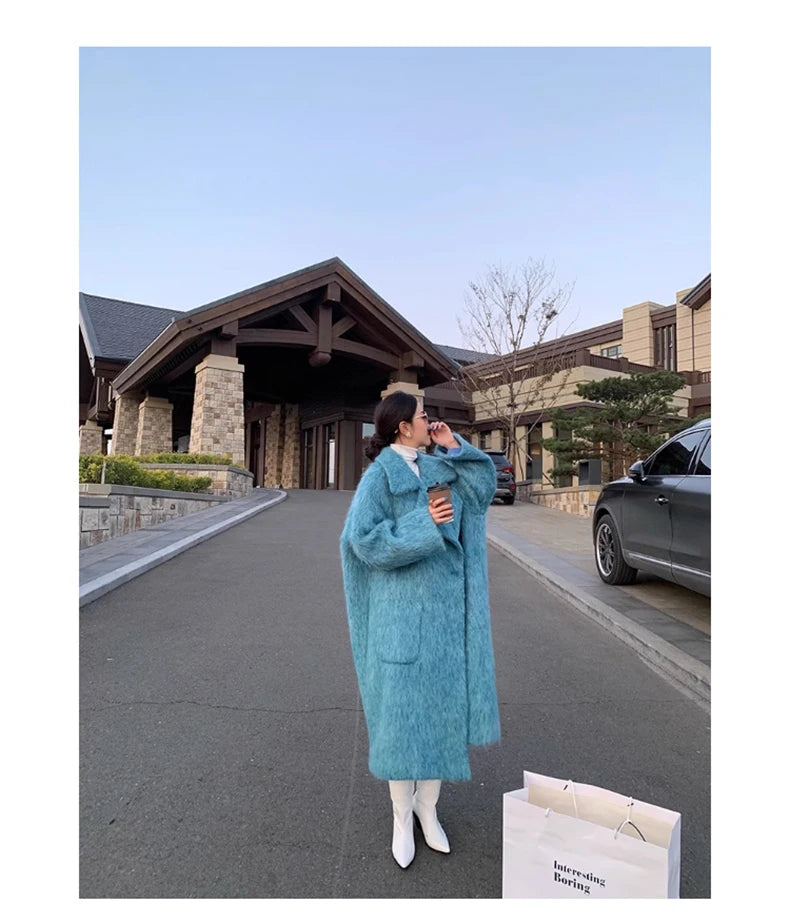 Lautaro Winter Long Blue Fluffy Oversized Warm Wool & blends Coat for Women Single Button Pockets Luxury Clothes Woolen Overcoat