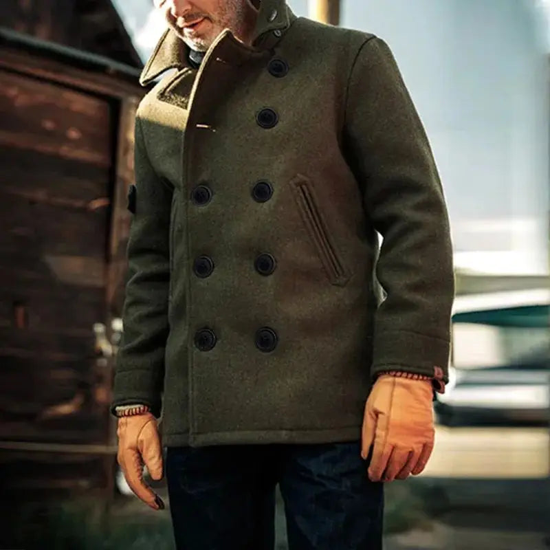 Men's Pure Color Woolen Coat with Buttoned Collar ort Sve V-Ne Outerwear for Young Men in Autumn Season