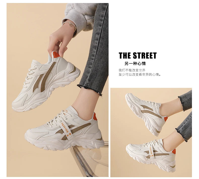 Casual Leather Sneakers for Women Autumn Winter Comfortable Walking Shoes Fashion Patchwork Thick Bottom Sports Shoes Female
