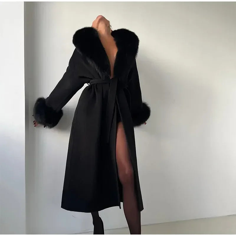 Retro Black Fur Patchwork Woolen Coat Women Chic Full Sleeve V-neck Lace Up Loose Long Overcoat 2025 Lady Winter Commute Outwear