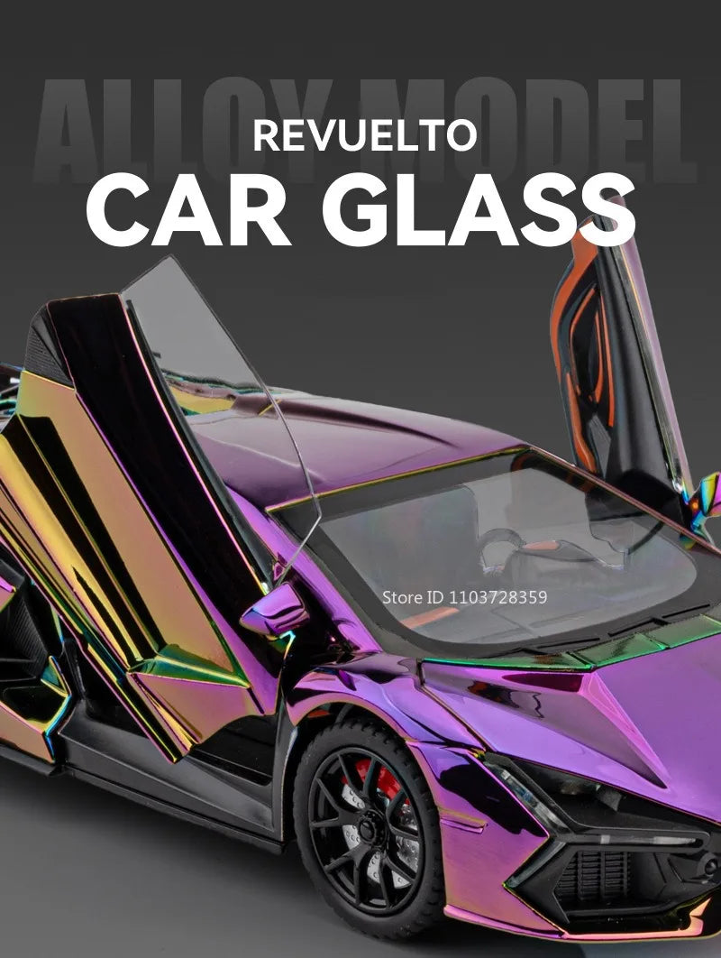 1:24 Scale REVUELTO Miniature Model Toy Sports Cars Alloy Diecast Supercars Sound Light Doors Opened Pull Back for Kids Gifts