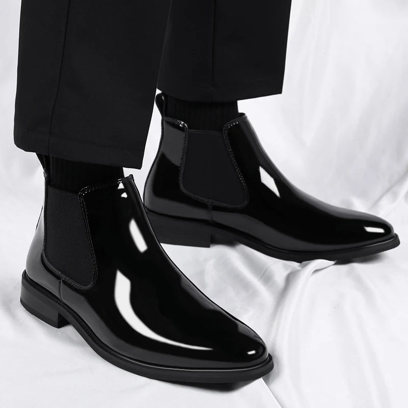Height Increase Men's Shiny Leather Boots Pointed Formal Elevator Shoes Office Business Snow Boots Chelsea Winter Cotton Boots