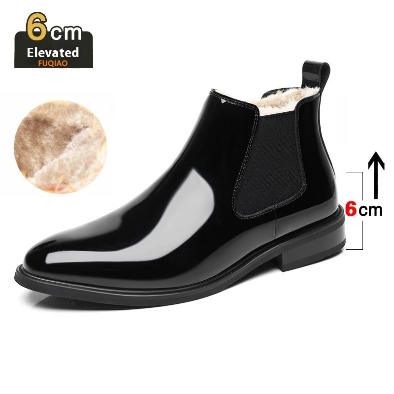 Height Increase Men's Shiny Leather Boots Pointed Formal Elevator Shoes Office Business Snow Boots Chelsea Winter Cotton Boots