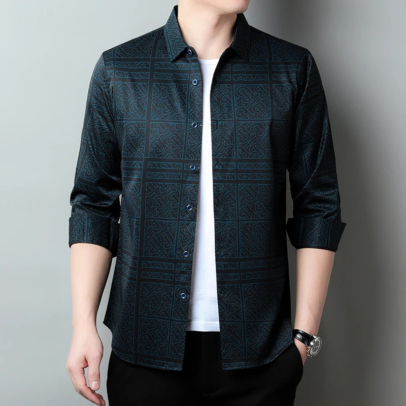 New Men's Casual Printed Long Sleeved Lapel Shirt for Spring and Autumn Fashion Comfortable Wrinkle Free Top Without Ironing