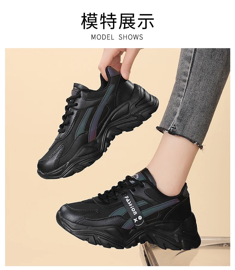 Casual Leather Sneakers for Women Autumn Winter Comfortable Walking Shoes Fashion Patchwork Thick Bottom Sports Shoes Female