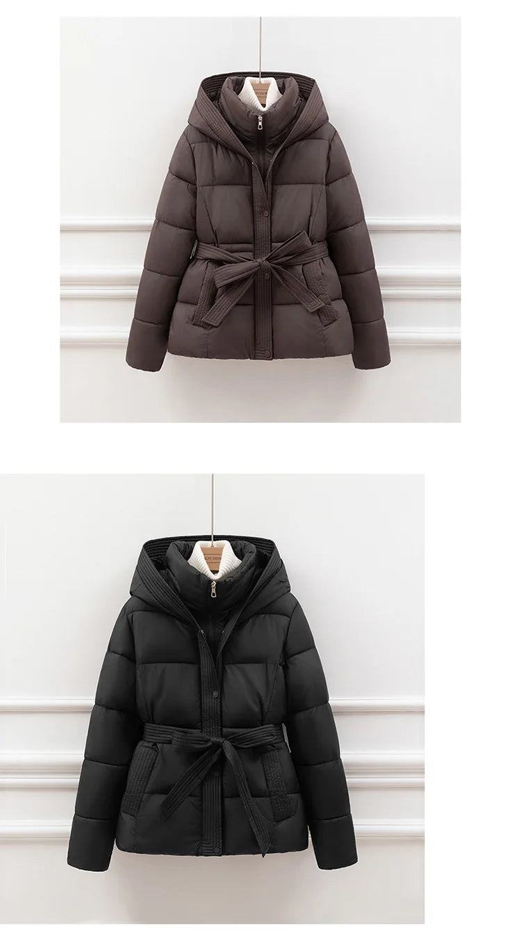 ort Padded Cotton Jaet Women Thiened Winter Coat with Hoodie Slimming Design Waist-Cinching Trendy Outerwear