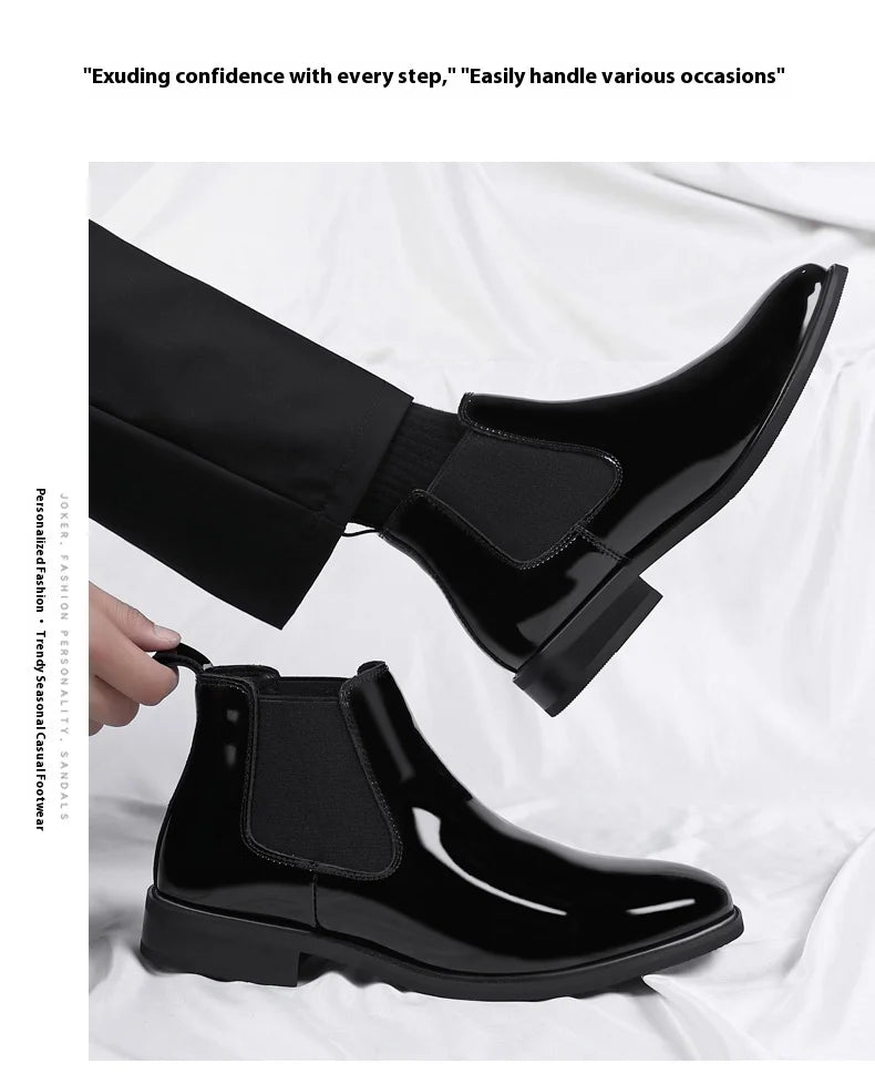 Height Increase Men's Shiny Leather Boots Pointed Formal Elevator Shoes Office Business Snow Boots Chelsea Winter Cotton Boots