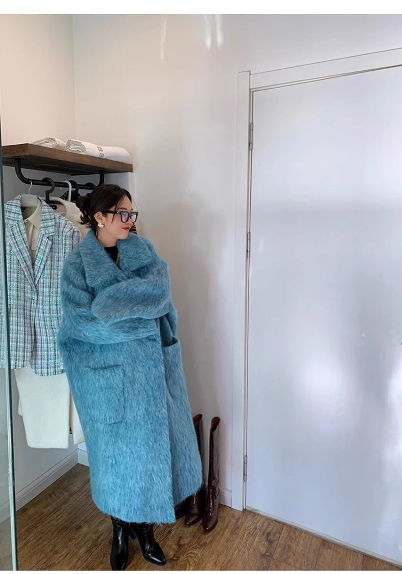 Lautaro Winter Long Blue Fluffy Oversized Warm Wool & blends Coat for Women Single Button Pockets Luxury Clothes Woolen Overcoat