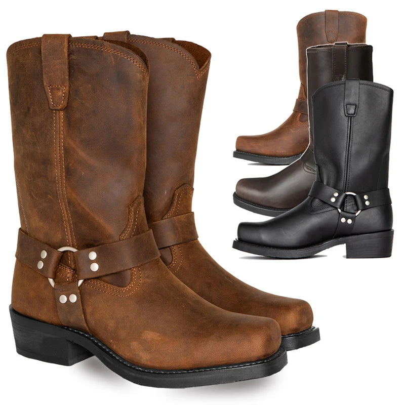 Retro Cowboy Boots Men Mid Calf Western Boots Men Pu Leather Boots Man Slip On Shoes Winter Knight Boots Booties Plus Size 39-48