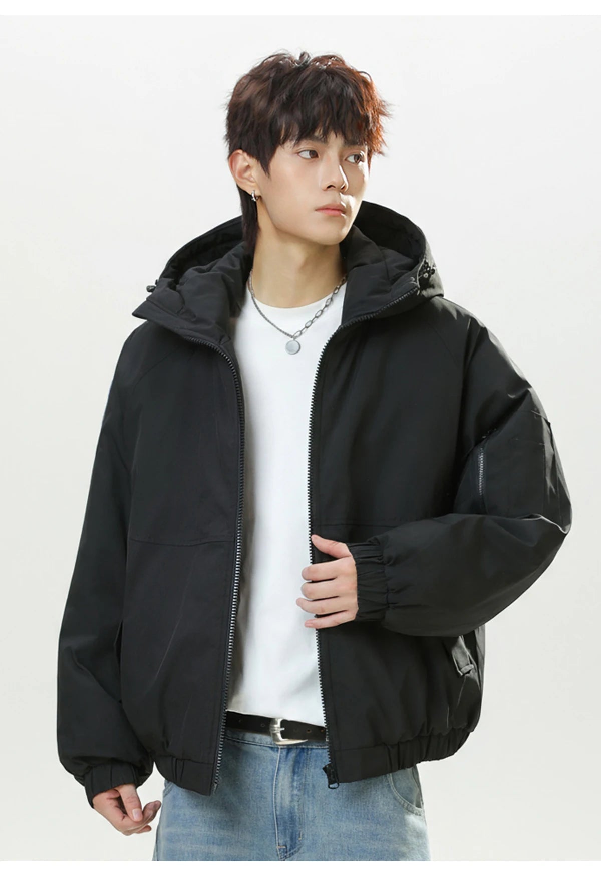 HANGRY 2025 Men's Detachable Fur Hood Parka Short Box Quilted Jacket Water-Resistant Workwear Winter Coat Thermal Insulated