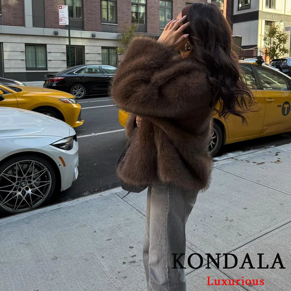 KONDALA Casual Brown Thick Fur Jackets Women Long Sleeve V Neck Autumn Winter Faux Fur Coats Fashion 2025 Streetwear Outwears