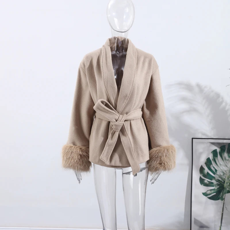 Retro Black Fur Patchwork Woolen Coat Women Chic Full Sleeve V-neck Lace Up Loose Long Overcoat 2025 Lady Winter Commute Outwear