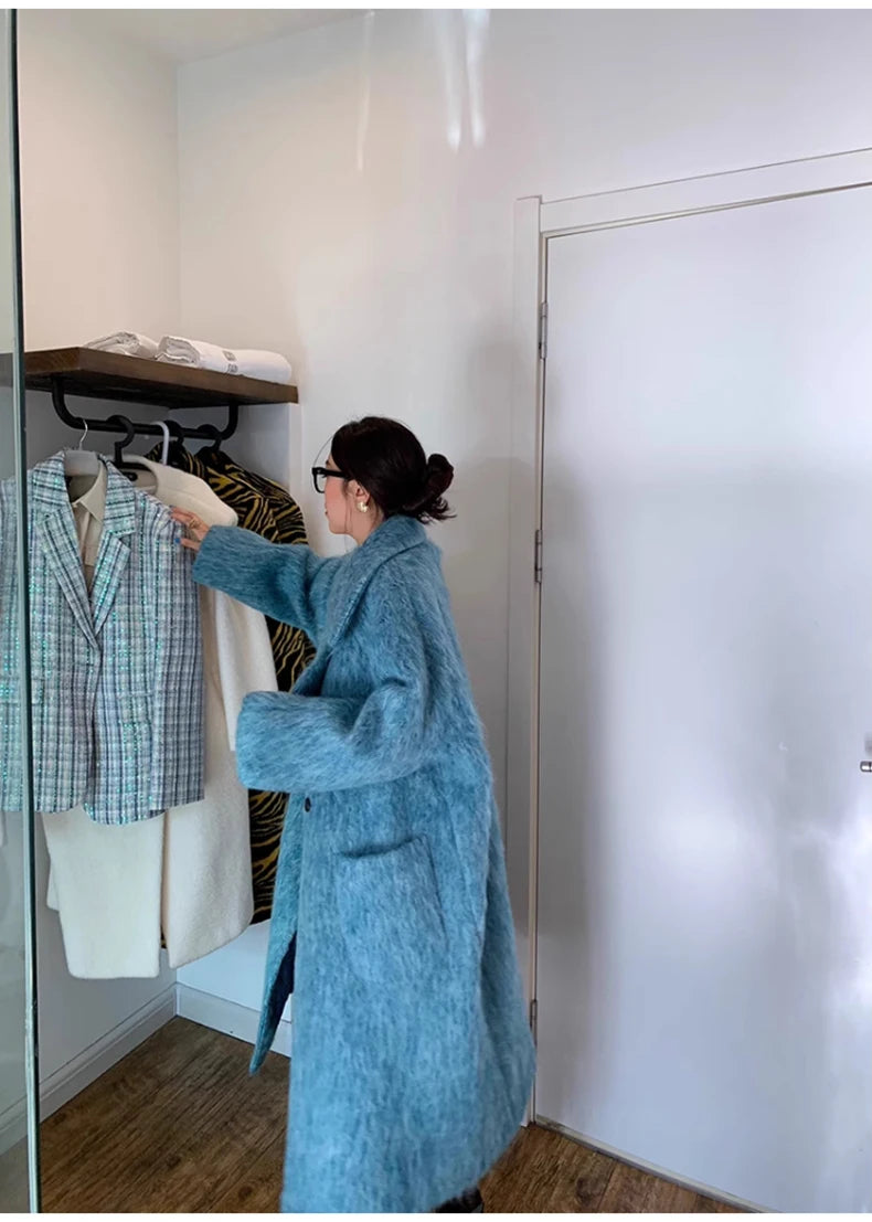 Lautaro Winter Long Blue Fluffy Oversized Warm Wool & blends Coat for Women Single Button Pockets Luxury Clothes Woolen Overcoat
