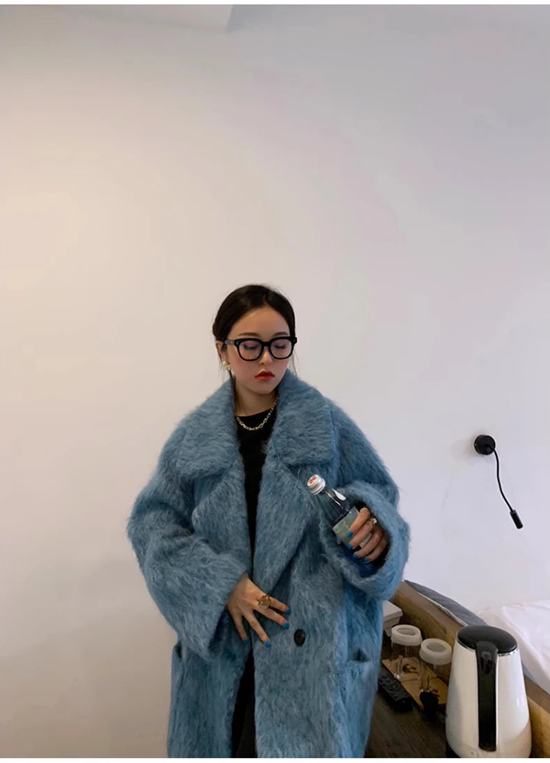 Lautaro Winter Long Blue Fluffy Oversized Warm Wool & blends Coat for Women Single Button Pockets Luxury Clothes Woolen Overcoat
