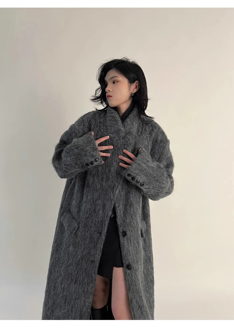 Lautaro Autumn Winter Clothes Women Oversized Extra Long Casual Warm Grey Wool & Blends Coat Women Maxi Fluffy Woolen Overcoat
