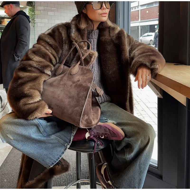 Woman Mixed Color Long Faux Fur Coat Fashion Lapel Collar Full Sleeve Loose Overcoat 2025 Winter Lady Warm High Street Outwear
