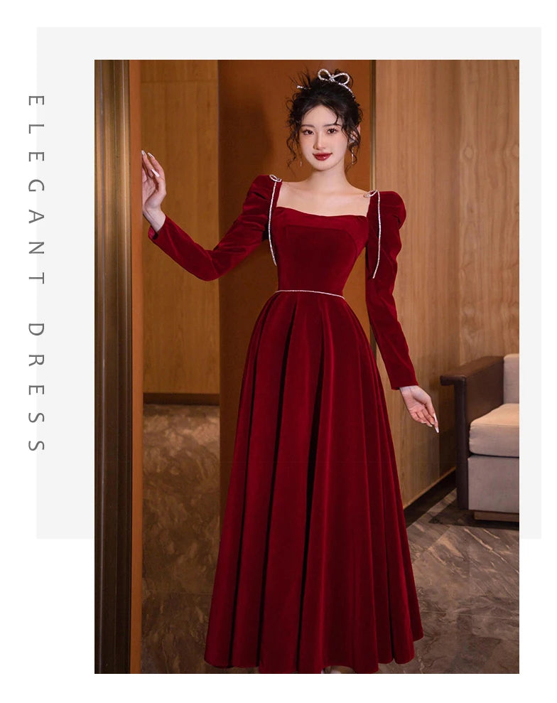 Mauroicardi Long Birthday Party Evening Soft Velvet Maxi Dresses for Women Puff Sleeve Square Neck Luxury Elegant Chic Clothing