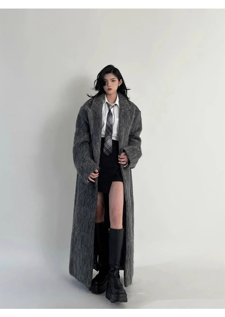 Lautaro Autumn Winter Clothes Women Oversized Extra Long Casual Warm Grey Wool & Blends Coat Women Maxi Fluffy Woolen Overcoat