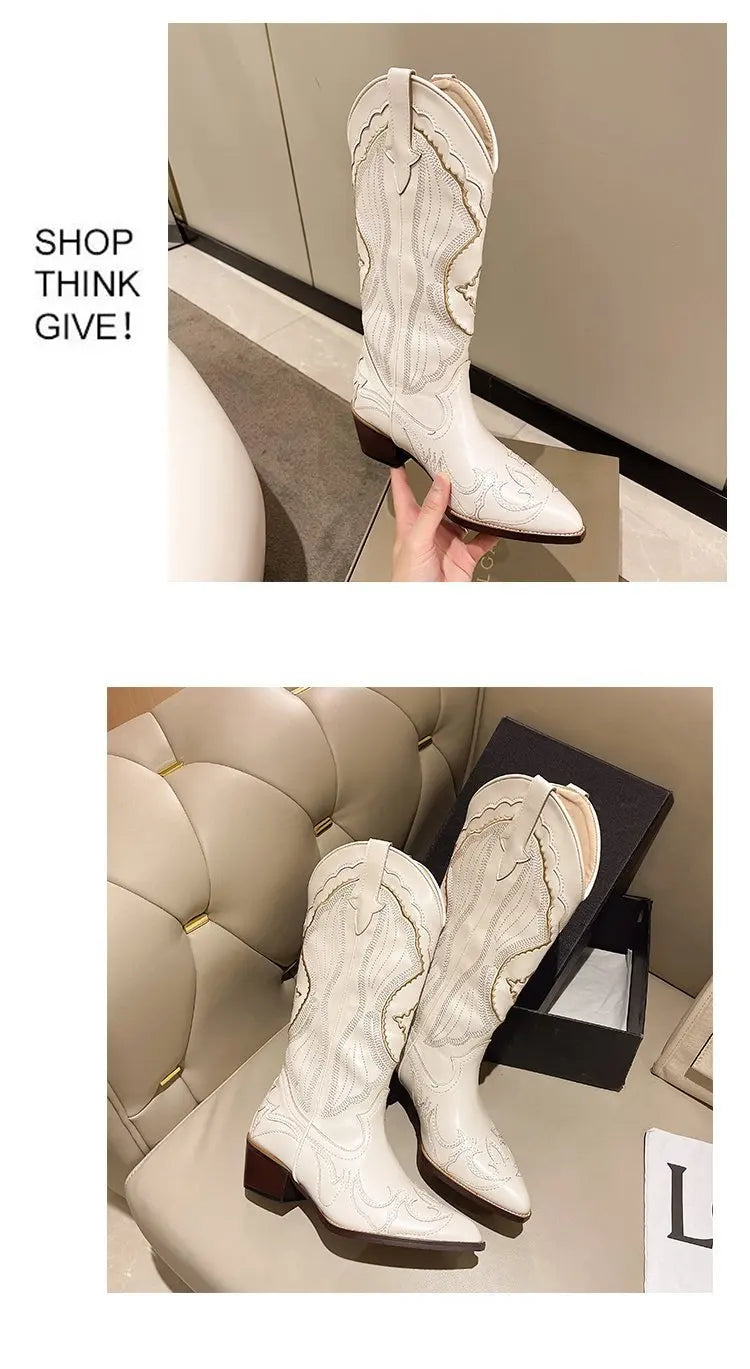 Autumn Embroidered Western Cowboy Boots new Square Heels Pointed shoes Casual fashion long boots Comfortable waterproof shoes