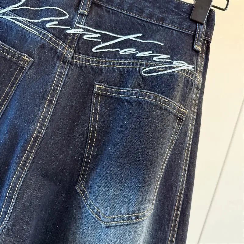 Y2K Fashion Letter Embroidery Jeans Vintage Dark Blue Baggy Pants Women Clothing New Rock Wide Leg Lady Denim Trousers