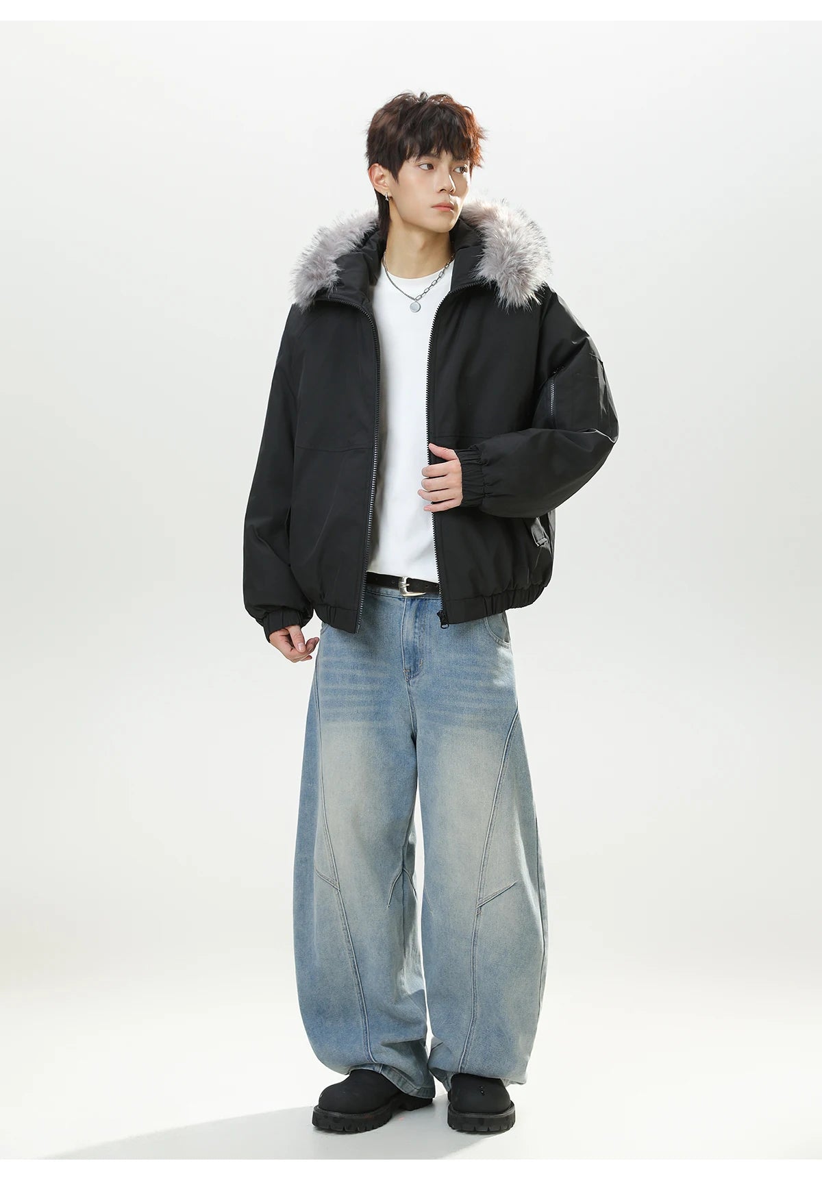 HANGRY 2025 Men's Detachable Fur Hood Parka Short Box Quilted Jacket Water-Resistant Workwear Winter Coat Thermal Insulated