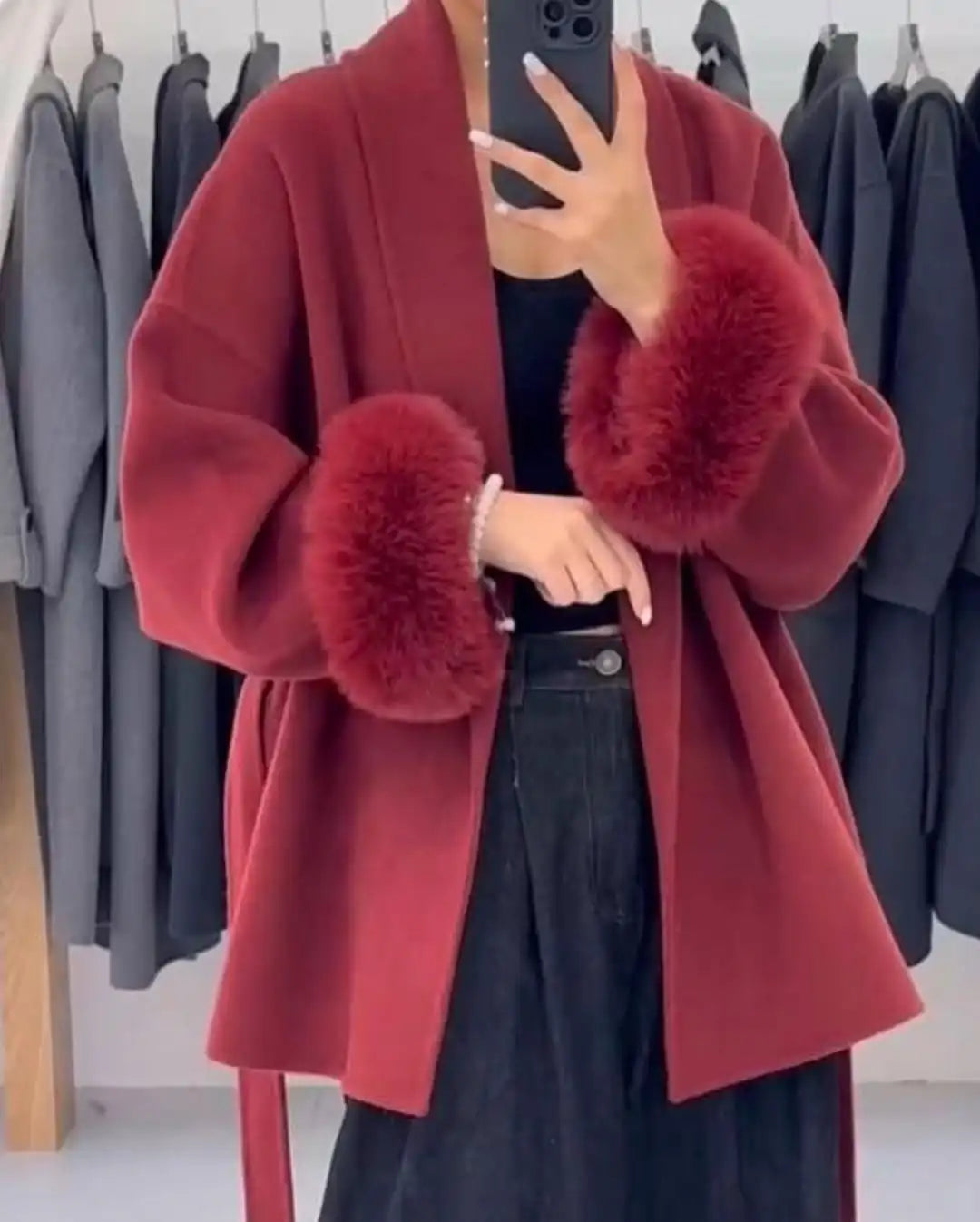 Retro Black Fur Patchwork Woolen Coat Women Chic Full Sleeve V-neck Lace Up Loose Long Overcoat 2025 Lady Winter Commute Outwear
