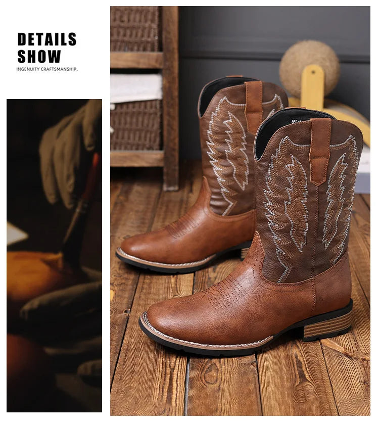 Vintage Embroidery Men's Cowboy Boots High Top Motorcycle Boots Men Shoes Fashion Square Toe Warm Boots