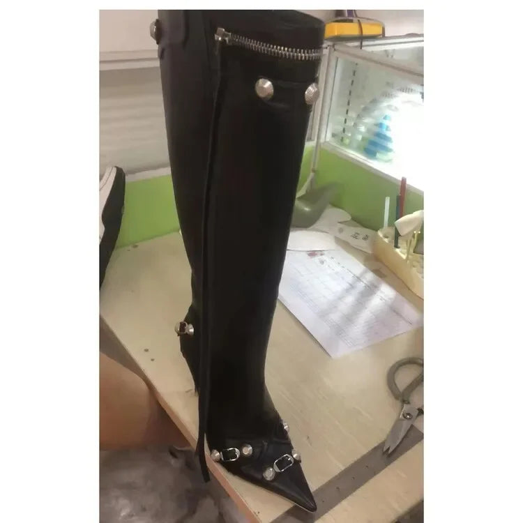 New 2024 Brand Design Knee High Boots Fashion Rivet Pointed Thin Heel Women's Boots 34-43 Fashion Hot Girls Denim Model Boots