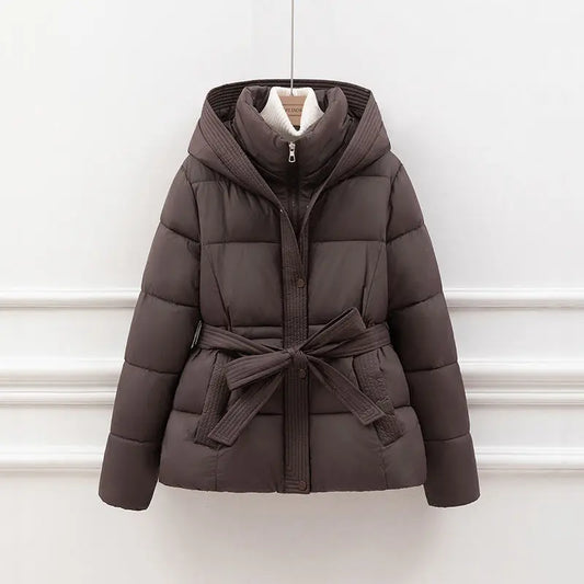 2025 New Winter Jacket Women Warm Parkas Long Sleeve Tops Casual Cotton Padded Jackets Belt Black Brown Hooded Outerwear Female