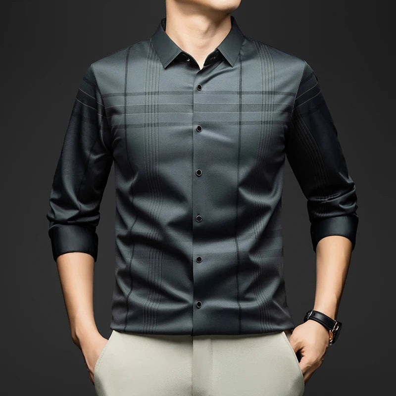 BROWON Formal Shirt Men 2025 Autumn New Long Sleeve Male Shirt Fashion Business Mulberry Silk Striped Shirts for Man Wear