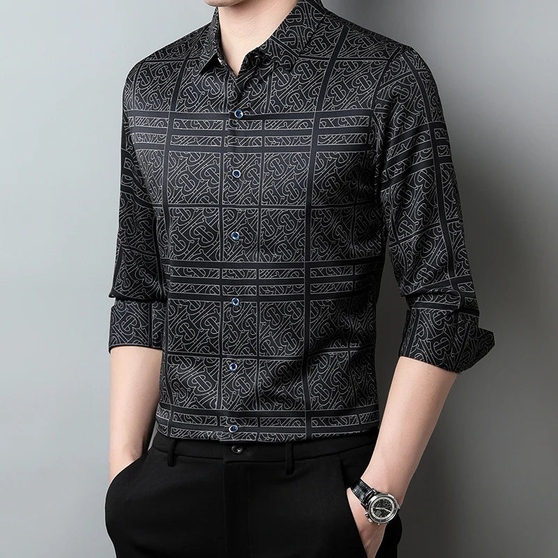 New Men's Casual Printed Long Sleeved Lapel Shirt for Spring and Autumn Fashion Comfortable Wrinkle Free Top Without Ironing