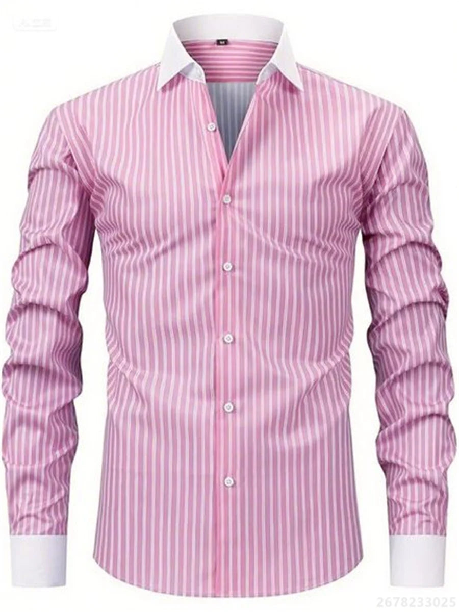 Men's shirts, long-sleeved lapel business formal button-down shirts, men's striped shirts, high-quality men's tops XS-6XL