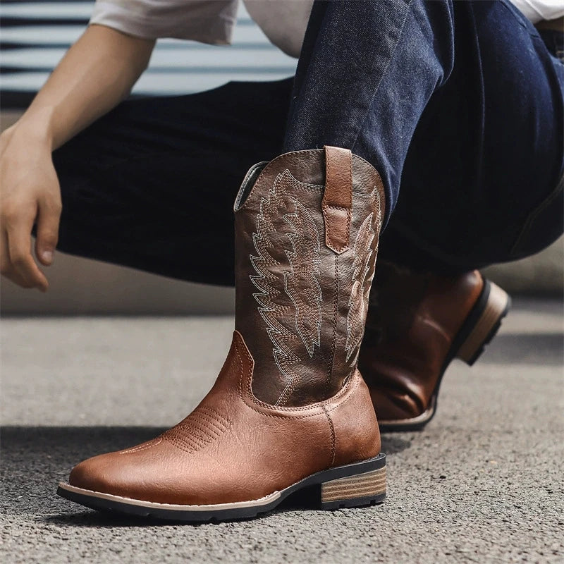 Vintage Embroidery Men's Cowboy Boots High Top Motorcycle Boots Men Shoes Fashion Square Toe Warm Boots