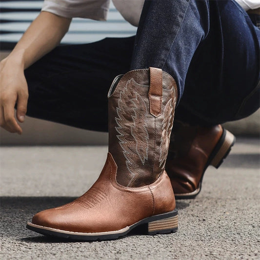 Vintage Embroidery Men's Cowboy Boots High Top Motorcycle Boots Men Shoes Fashion Square Toe Warm Boots