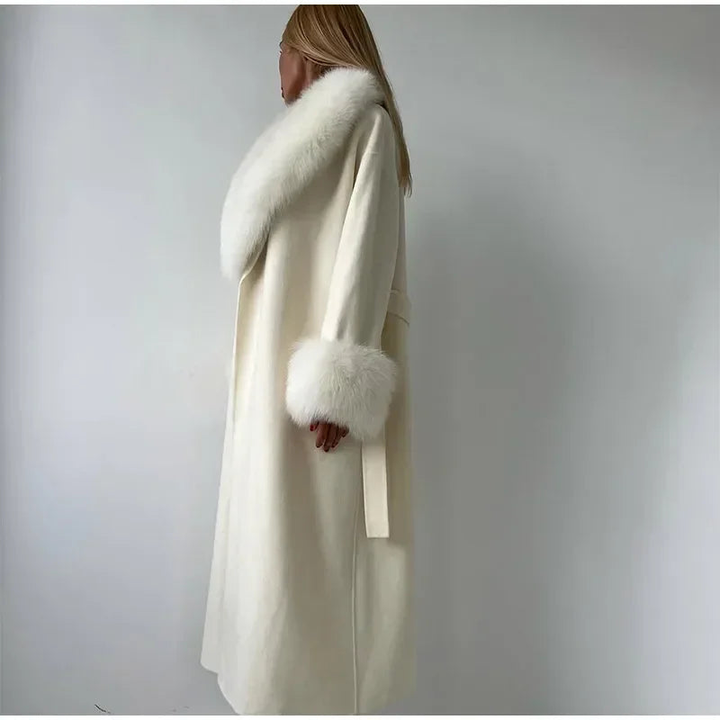 Retro Black Fur Patchwork Woolen Coat Women Chic Full Sleeve V-neck Lace Up Loose Long Overcoat 2025 Lady Winter Commute Outwear
